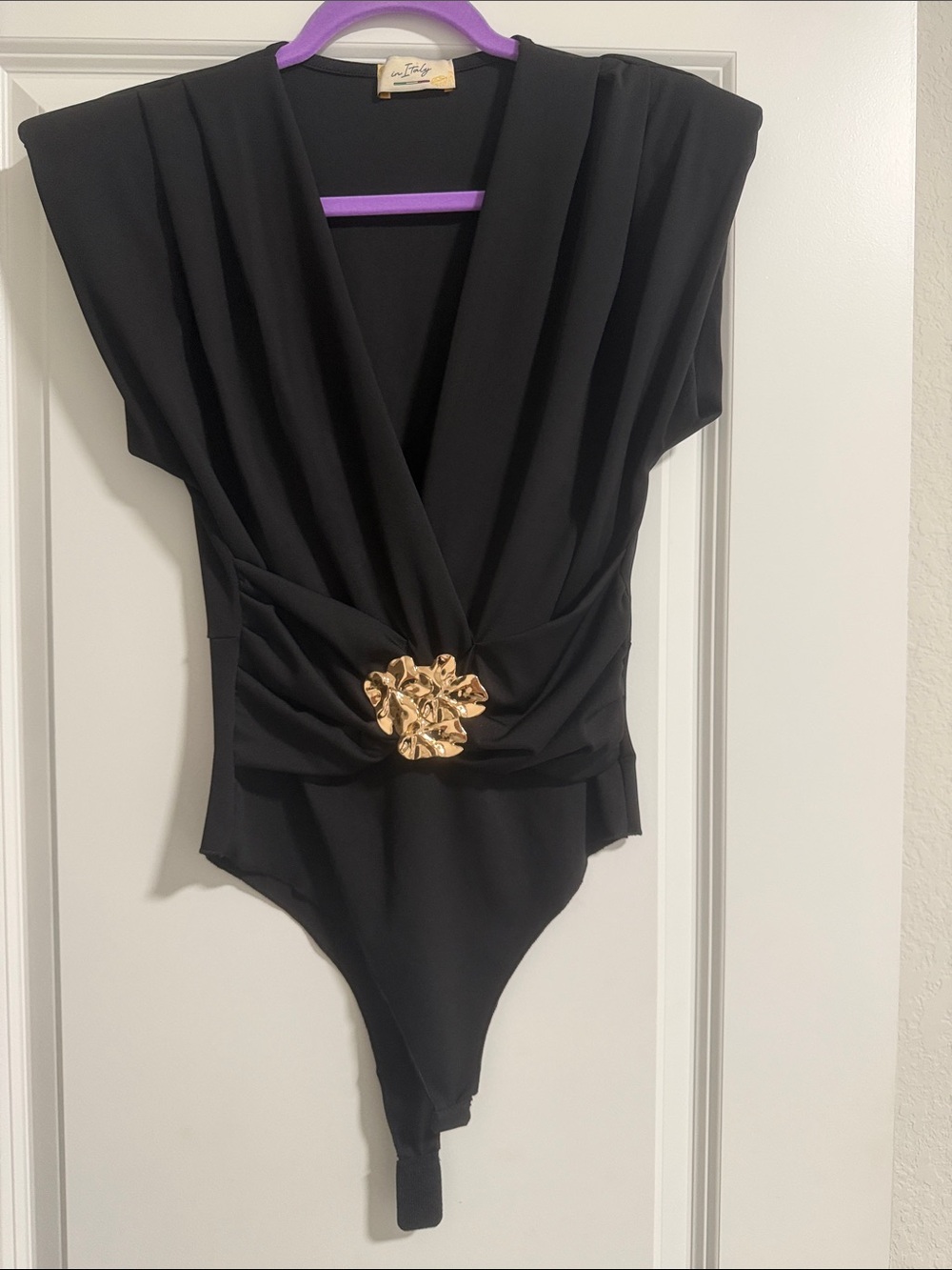 Black Womens Bodysuit with Gold Accent - Elegant Draped V-Neck